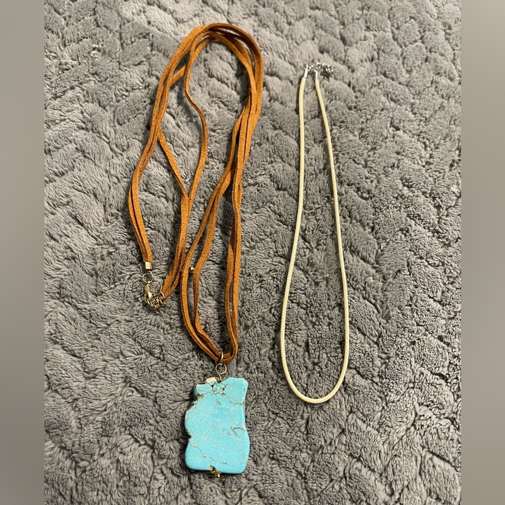 Blue & Tan Stone On A Brown Suede Long Necklace With An Extra White/Cream